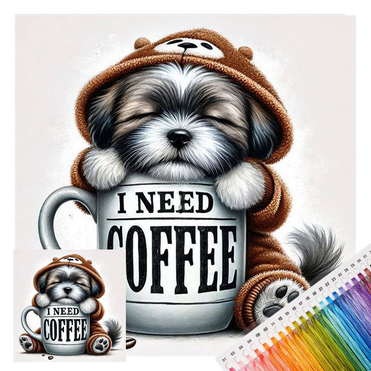 Shih Tzu Kaffeetassen-Hund – Vollständiges 14CT gestempeltes Kreuzstich-Set 30x30CM – Huacan