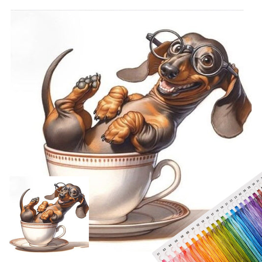 Dackel-Kaffeetasse-Hund – Vollständiges 14CT gestempeltes Kreuzstich-Set 30x30CM – Huacan