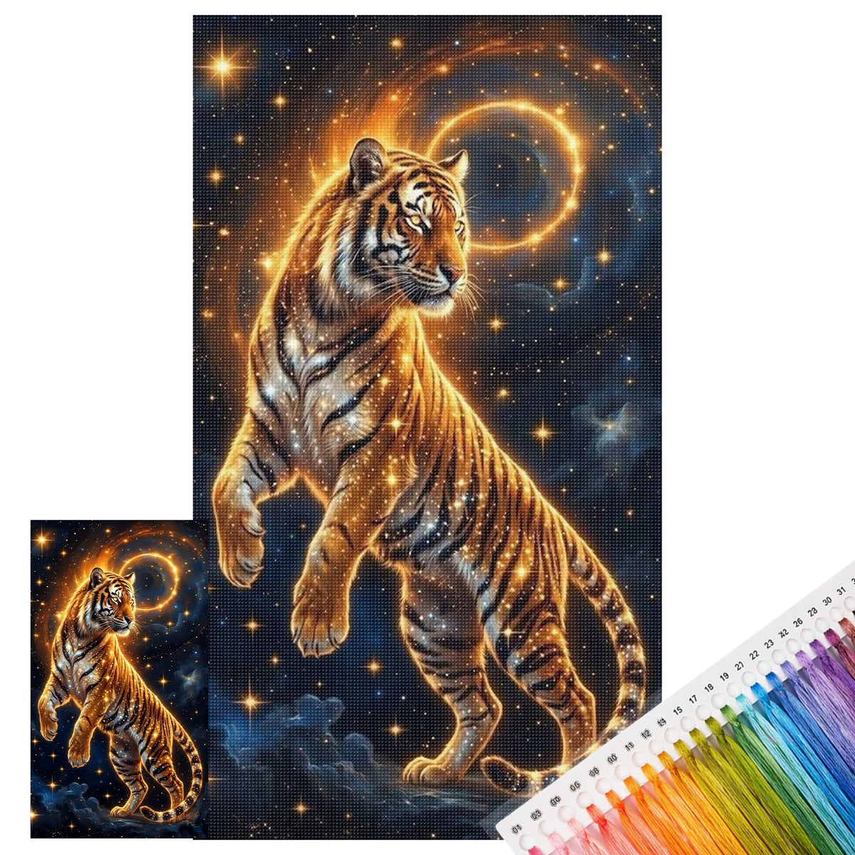Goldener kosmischer Tiger – Vollständiges 11CT-Stempel-Kreuzstichset 40x70 cm – Huacan