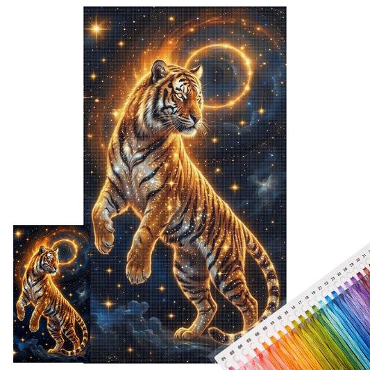 Goldener kosmischer Tiger – Vollständiges 11CT-Stempel-Kreuzstichset 40x70 cm – Huacan