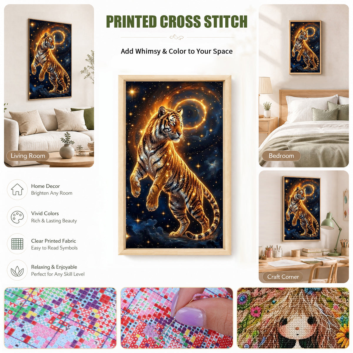 Goldener kosmischer Tiger – Vollständiges 11CT-Stempel-Kreuzstichset 40x70 cm – Huacan