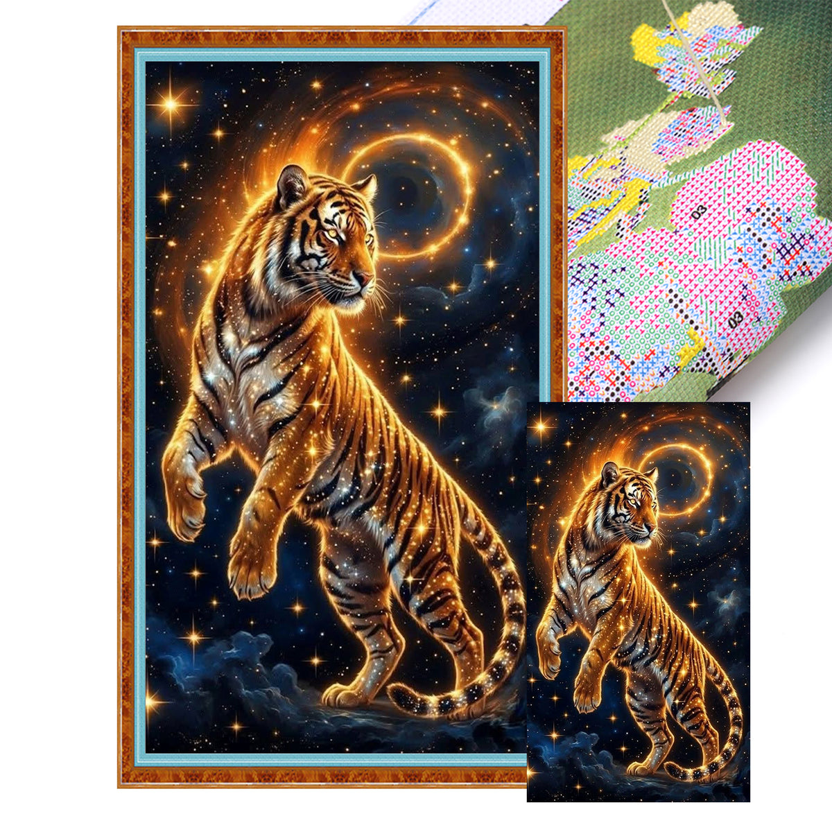 Goldener kosmischer Tiger – Vollständiges 11CT-Stempel-Kreuzstichset 40x70 cm – Huacan