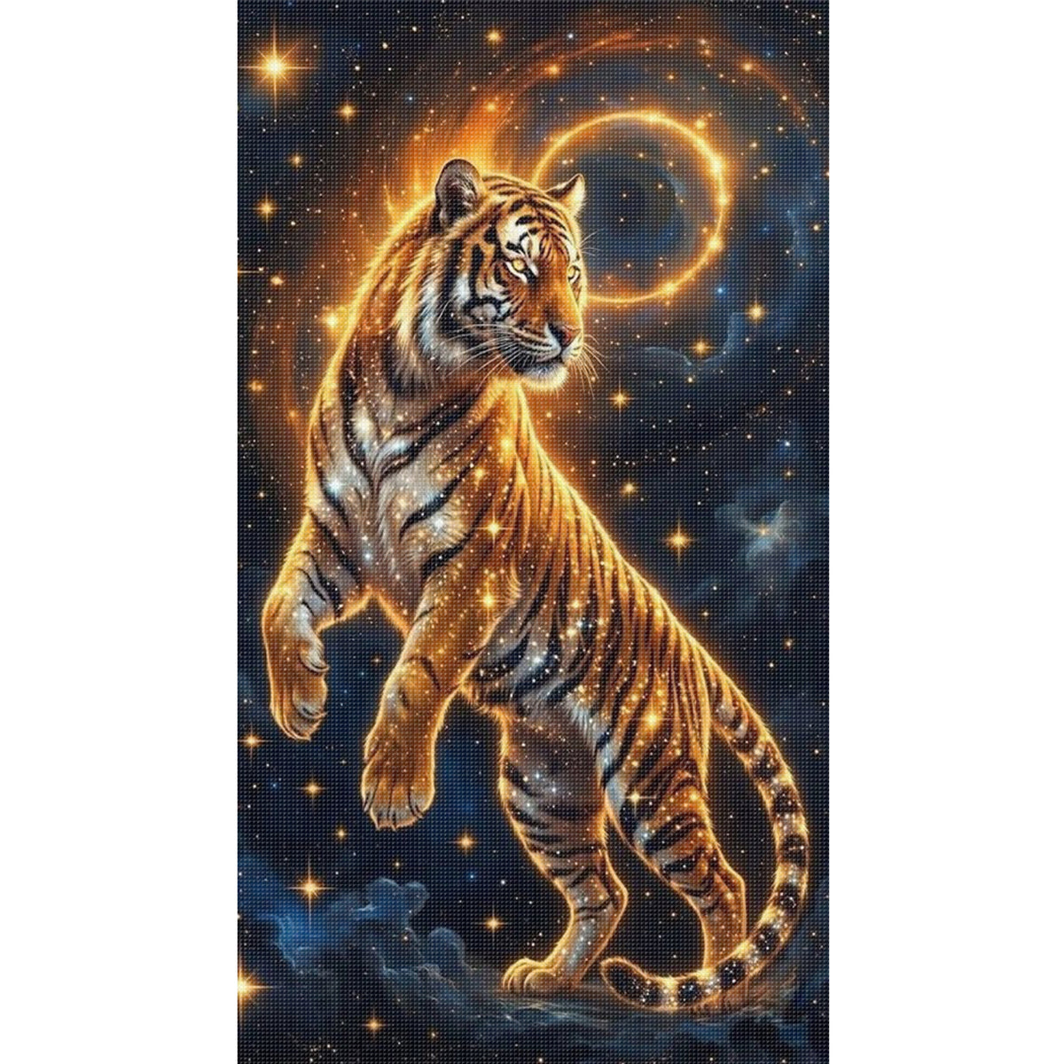 Goldener kosmischer Tiger – Vollständiges 11CT-Stempel-Kreuzstichset 40x70 cm – Huacan