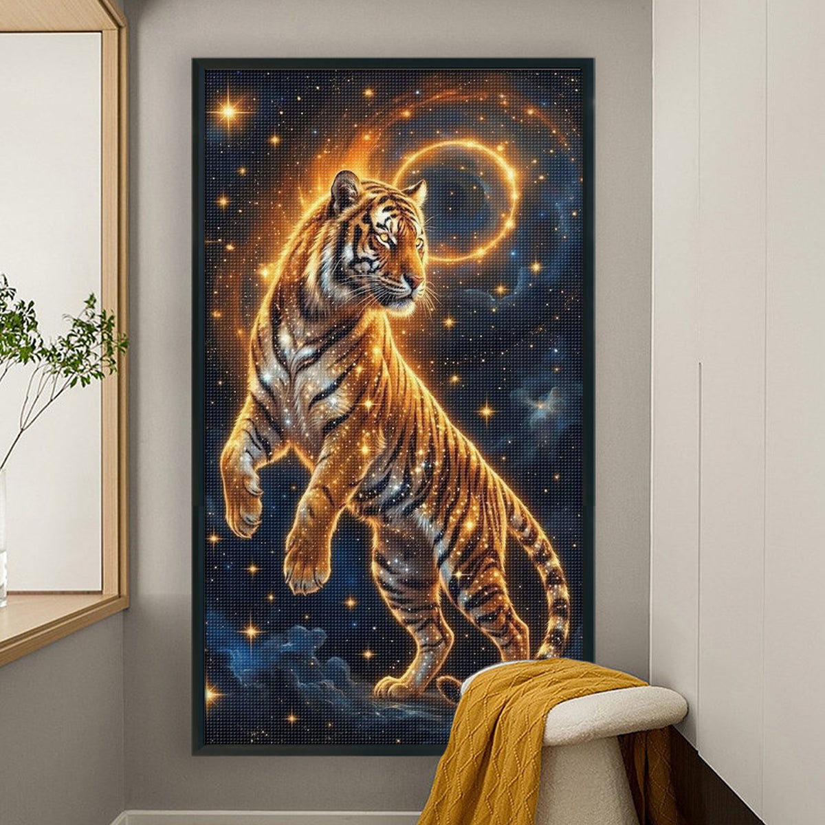 Goldener kosmischer Tiger – Vollständiges 11CT-Stempel-Kreuzstichset 40x70 cm – Huacan