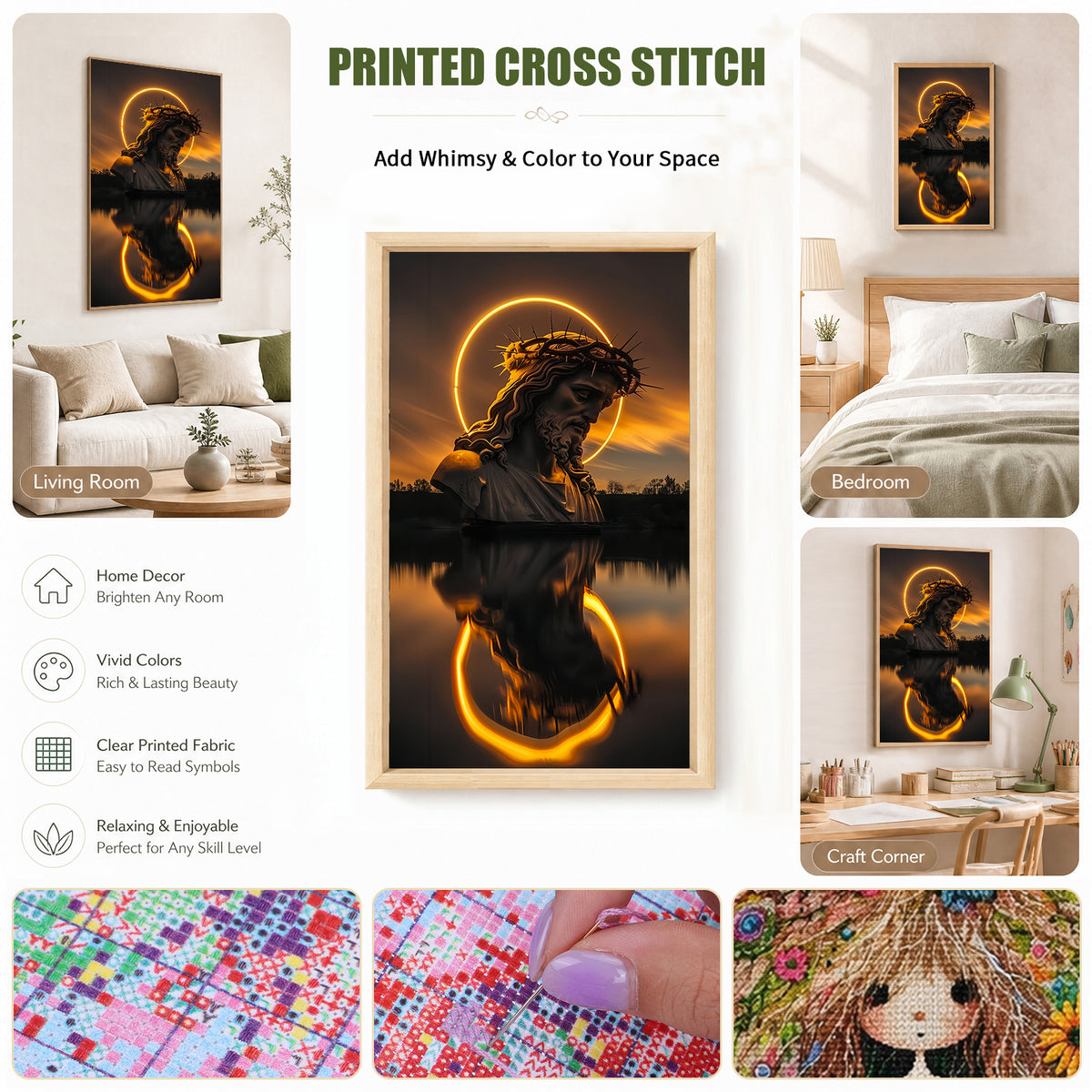 Jesus-Halo-Porträt – Vollständiges 11CT-Stempel-Kreuzstichset 40x70 cm – Huacan
