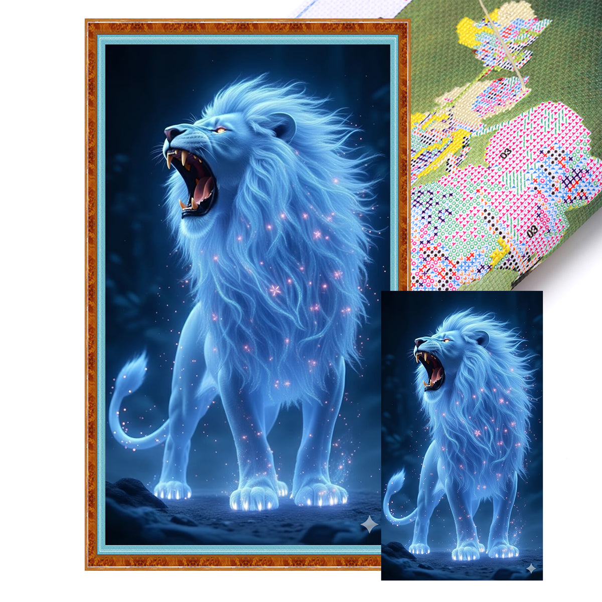 Blau leuchtender Löwe – Vollständiges 11CT Stempel-Kreuzstich-Set 40x70 cm – Huacan