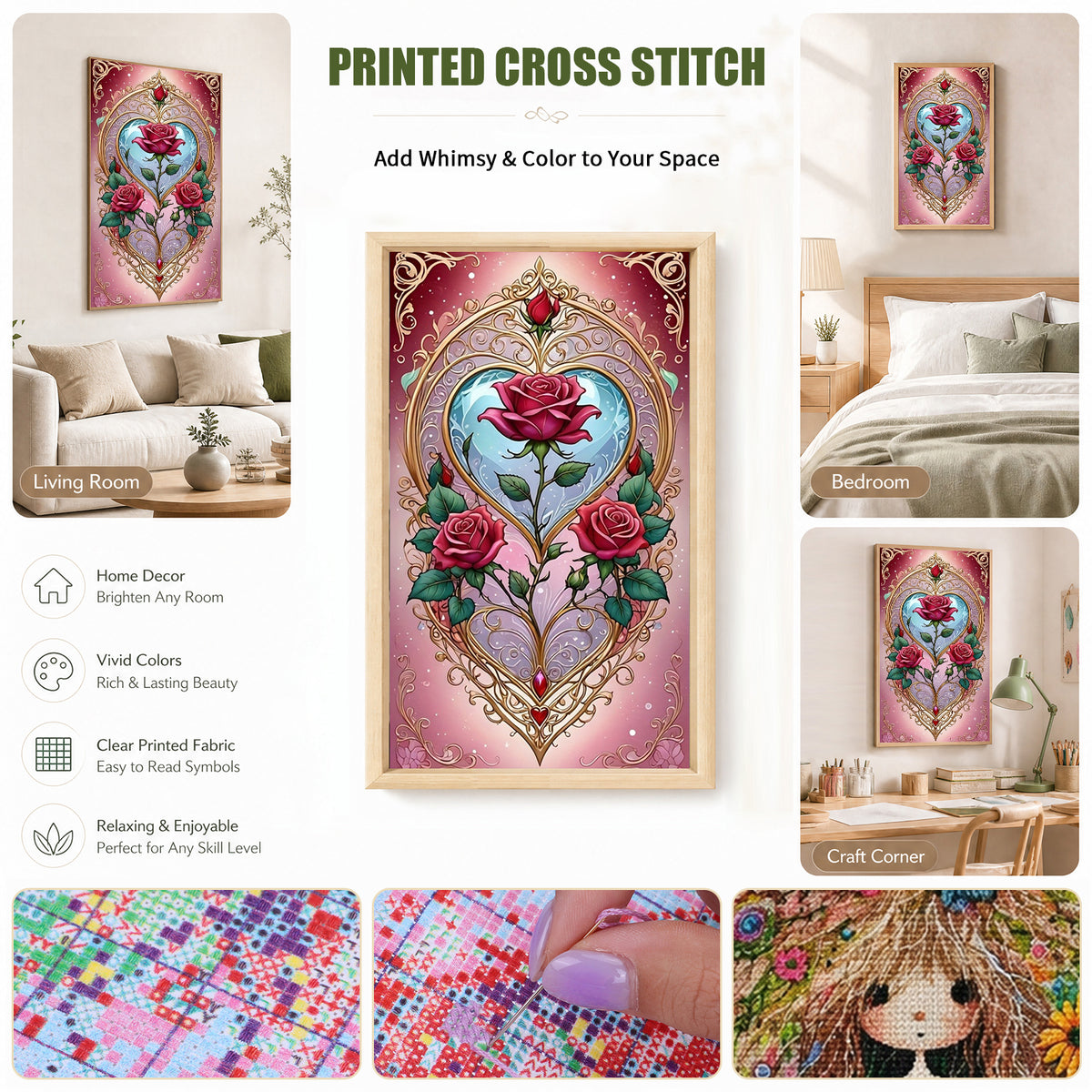 Enchanted Rose Heart - Full 11CT Stamped Cross Stitch 40x70CM - Huacan