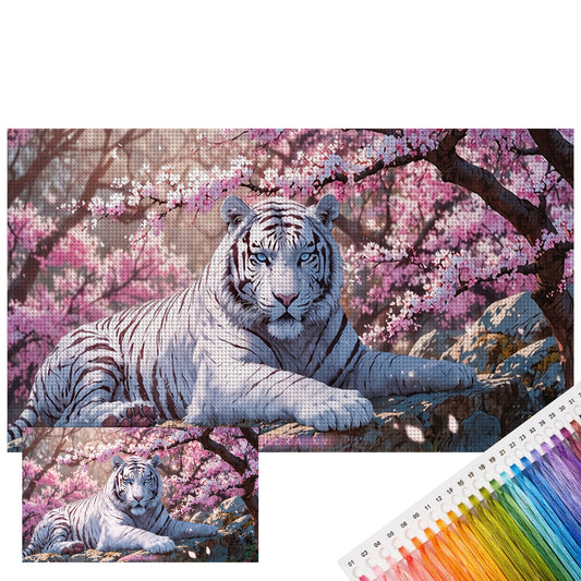 Kirschblüten-Weißtiger – Vollständiges 11CT Stempel-Kreuzstichset 70x40 cm – Huacan