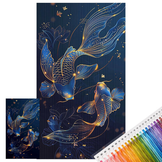 Blauer Koi-Fisch mit Gold – Vollständiges 11CT gestempeltes Kreuzstich-Set 40x70CM – Huacan