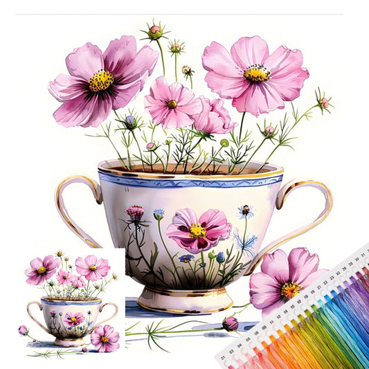 Rosa Kosmee Teetasse - Vollgesticktes Kreuzstichbild 20x20CM - Huacan