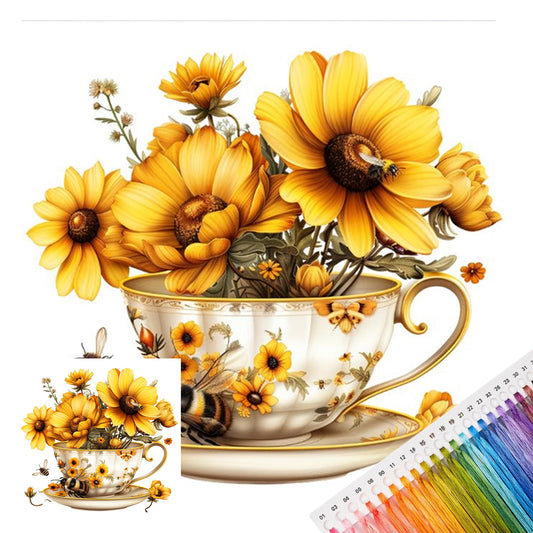 Sonnenblumen-Teetasse - Vollständiges Stempel-Kreuzstichset 20x20 cm - Huacan