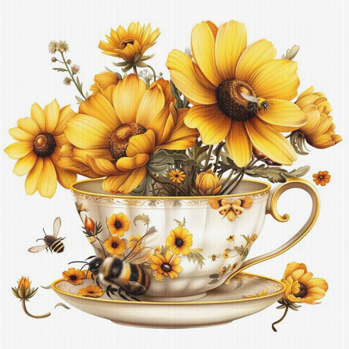 Sonnenblumen-Teetasse - Vollständiges Stempel-Kreuzstichset 20x20 cm - Huacan