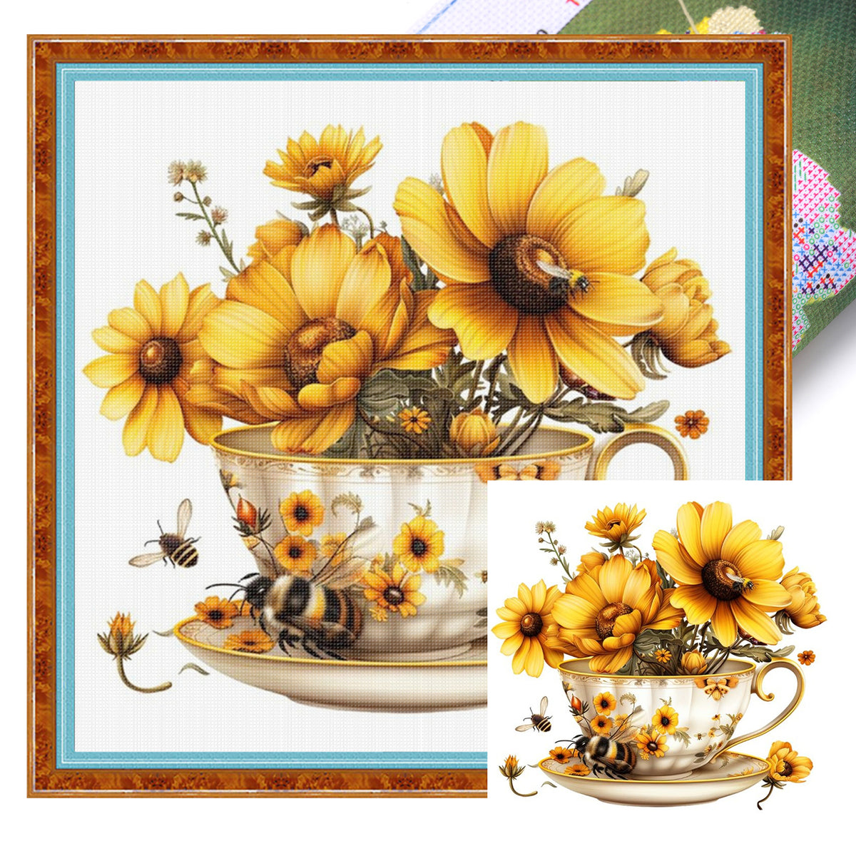 Sonnenblumen-Teetasse - Vollständiges Stempel-Kreuzstichset 20x20 cm - Huacan