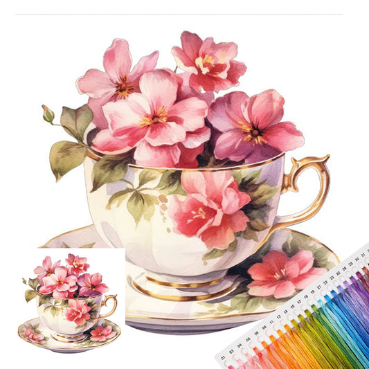 Rosa Blüten-Teetasse - Vollständiges Stempel-Kreuzstichset 20x20cm - Huacan