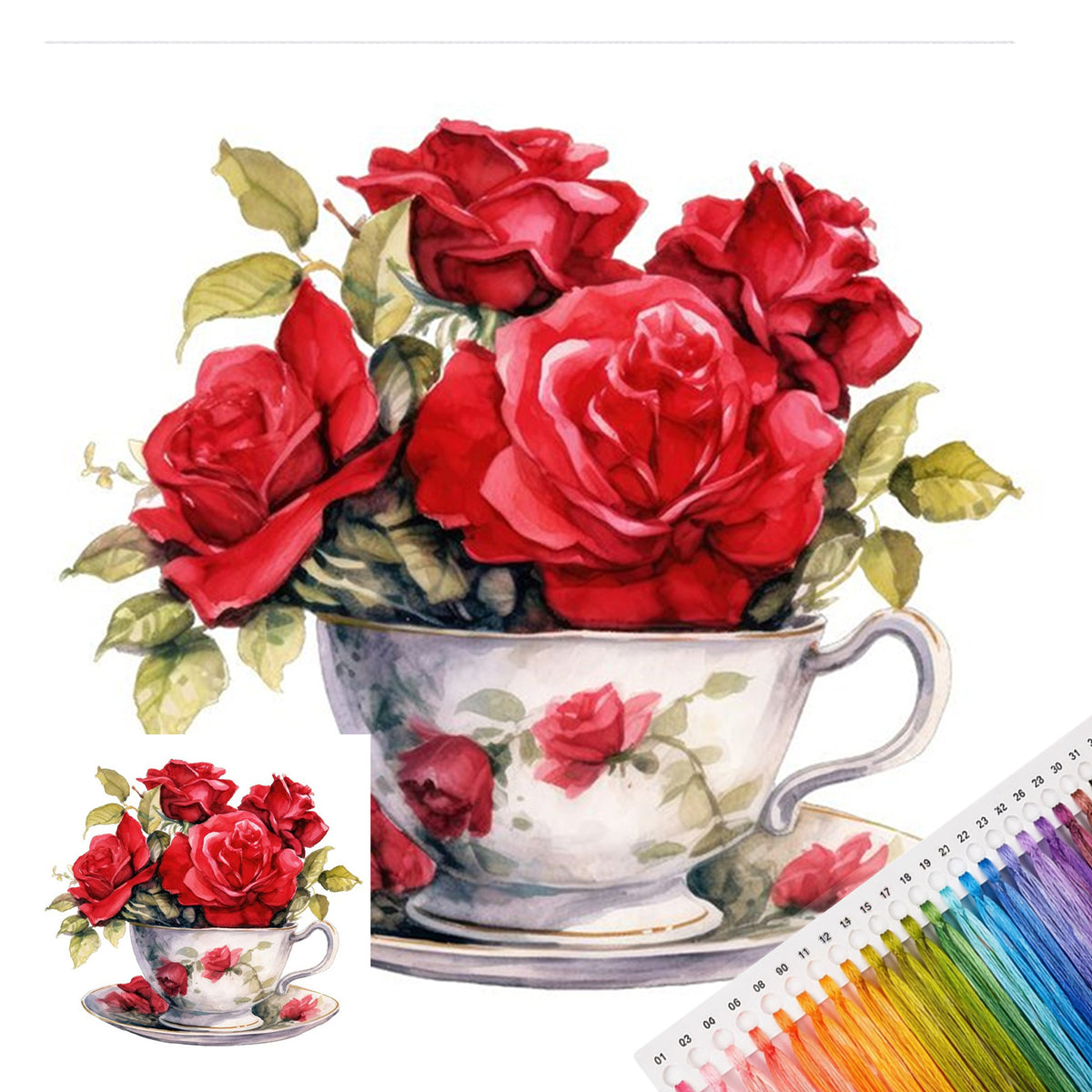 Red Rose Teacup - Full Stamped Cross Stitch 20x20CM - Huacan