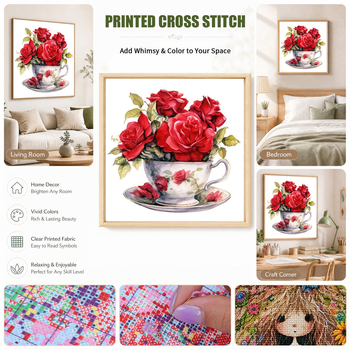 Red Rose Teacup - Full Stamped Cross Stitch 20x20CM - Huacan
