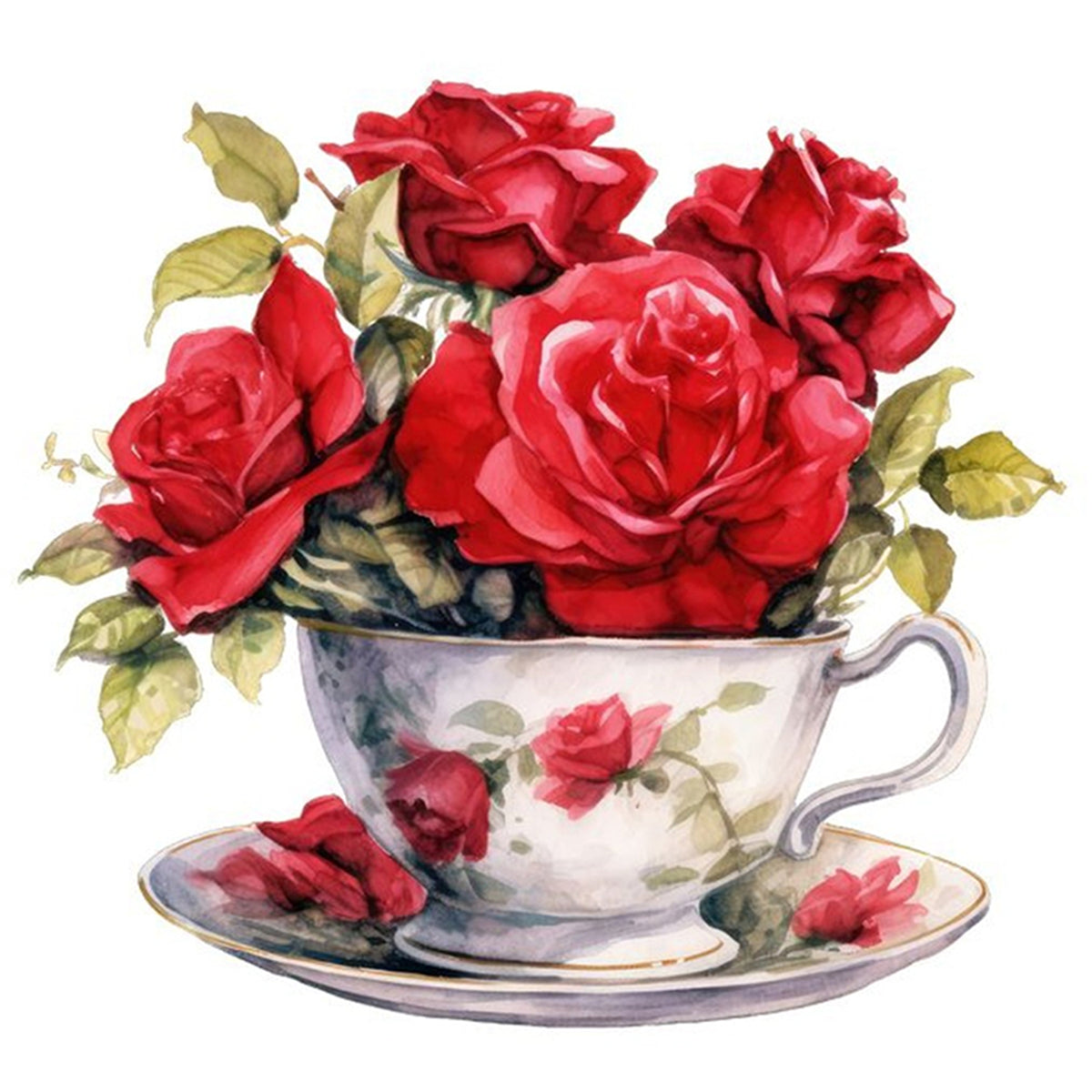 Red Rose Teacup - Full Stamped Cross Stitch 20x20CM - Huacan