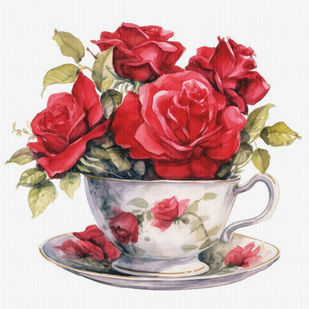 Red Rose Teacup - Full Stamped Cross Stitch 20x20CM - Huacan