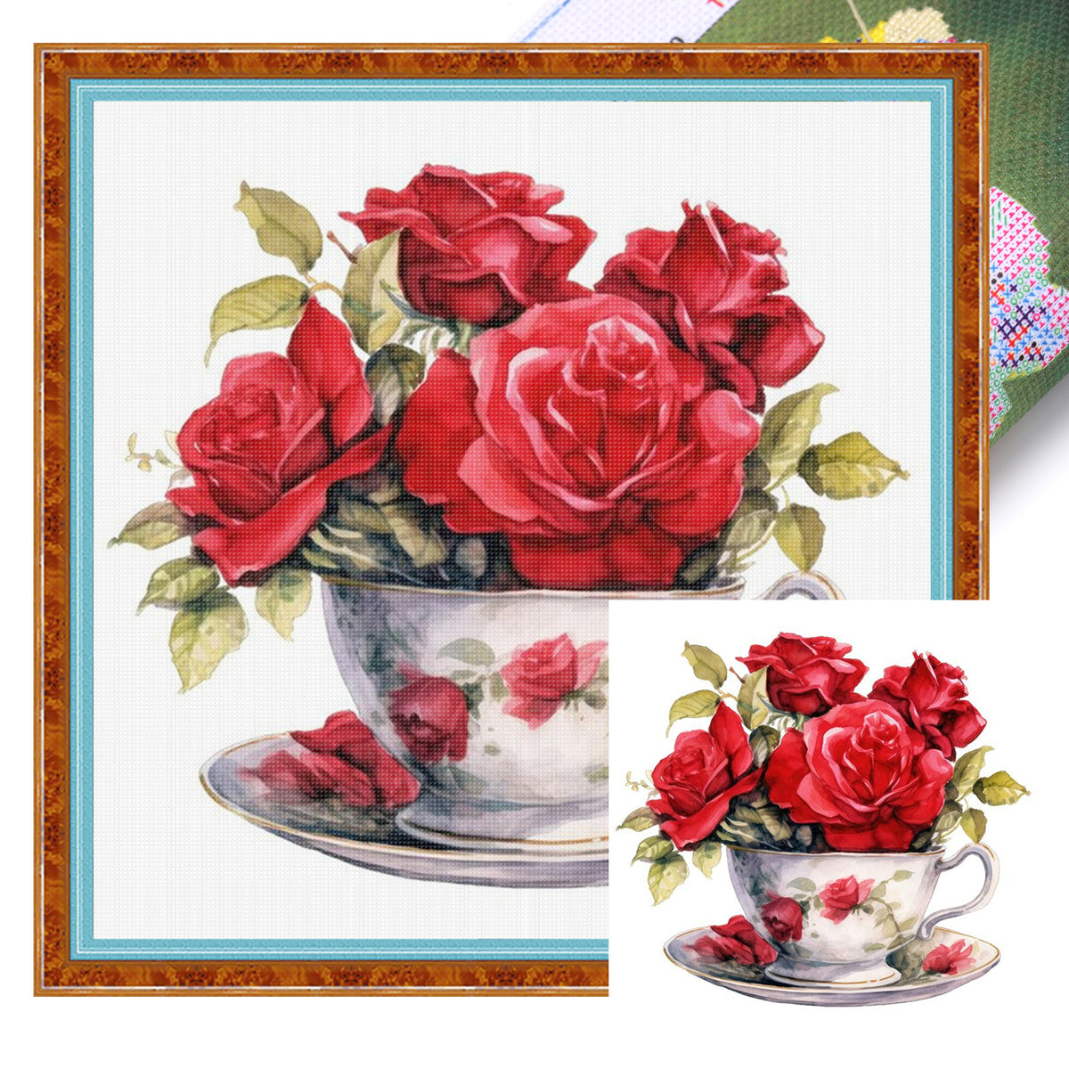 Red Rose Teacup - Full Stamped Cross Stitch 20x20CM - Huacan