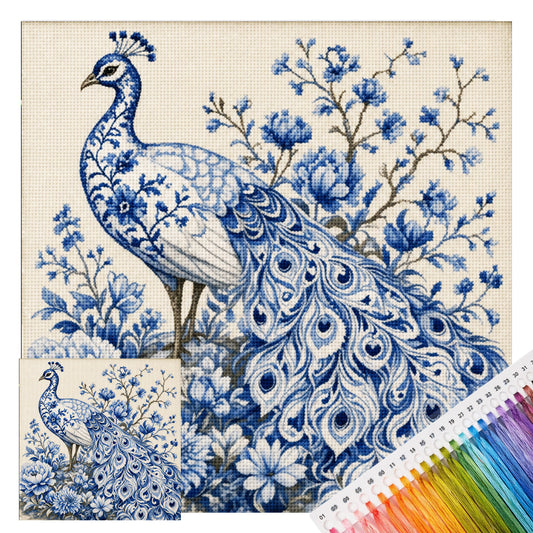 Blau-weißes Pfauen-Porzellan – Vollständiges 11CT gestempeltes Kreuzstich-Set 40x40cm – Huacan