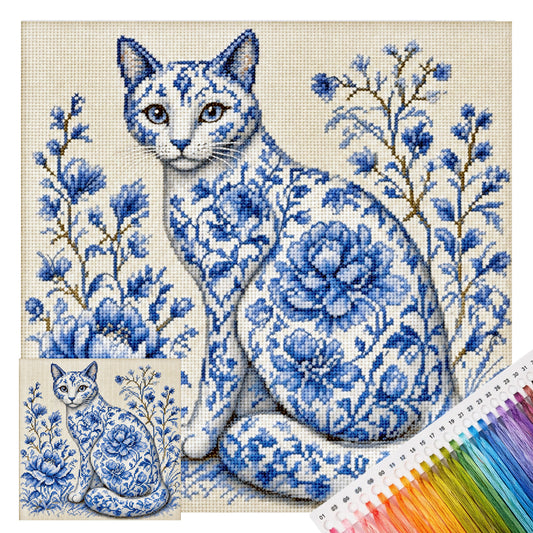 Blau-weißes Porzellan-Katze - Vollständiges 11CT gestempeltes Kreuzstich-Set 40x40CM - Huacan