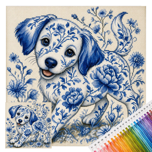 Blau-weißes Porzellanhund-Motiv – 11CT gesticktes Kreuzstich-Set, vorgedruckt, 40x40 cm – Huacan