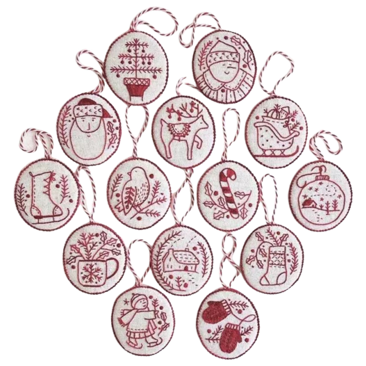 Christmas Embroidery Kit with Toolkit Embroidered Xmas Tree Ornaments Multifunctional Handmade Circle Embroidery Kit For Christmas Tree Home Decor (Red and White )