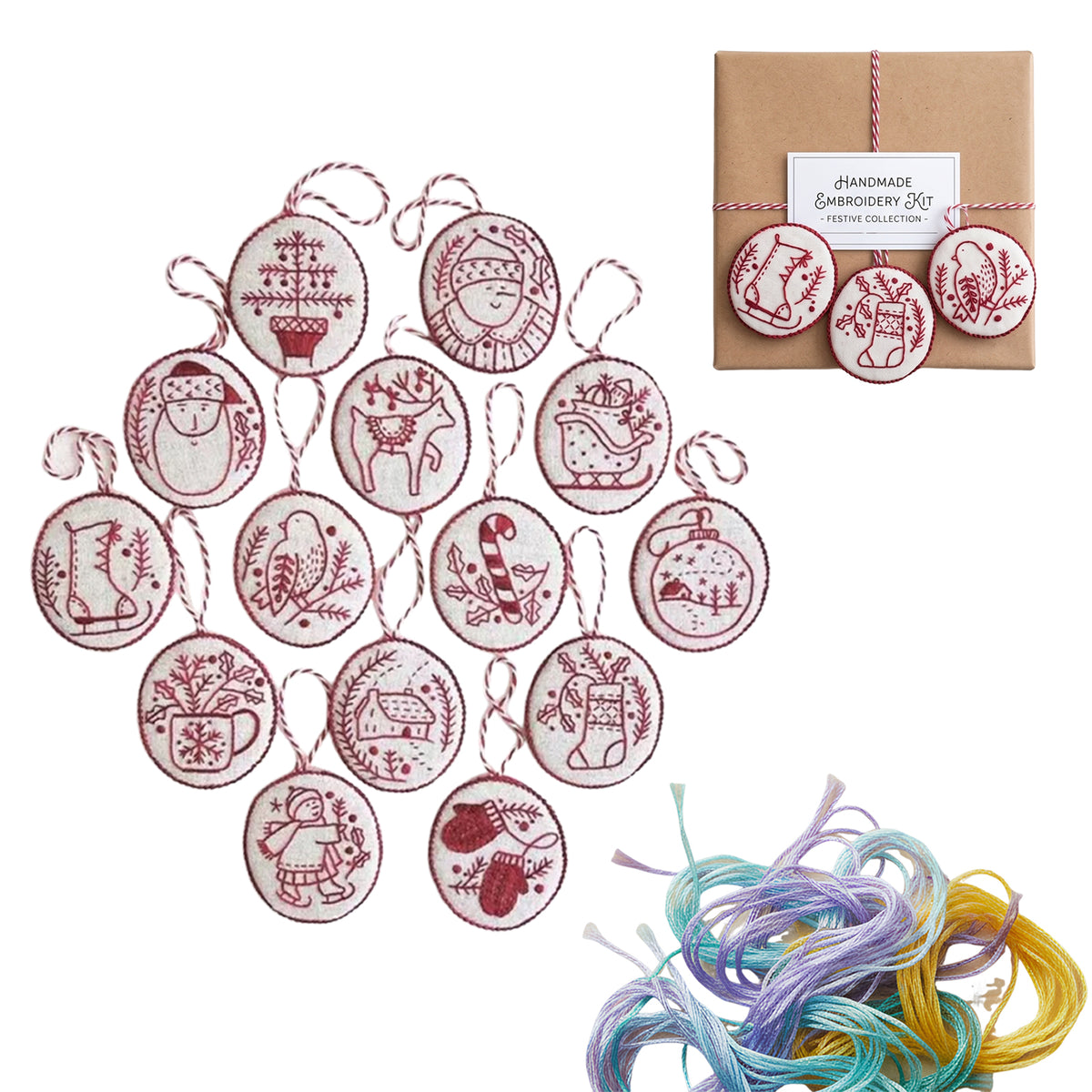 Christmas Embroidery Kit with Toolkit Embroidered Xmas Tree Ornaments Multifunctional Handmade Circle Embroidery Kit For Christmas Tree Home Decor (Red and White )