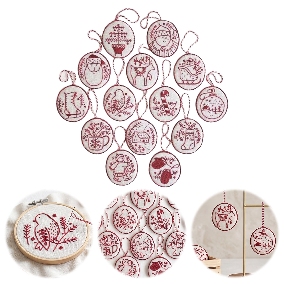 Christmas Embroidery Kit with Toolkit Embroidered Xmas Tree Ornaments Multifunctional Handmade Circle Embroidery Kit For Christmas Tree Home Decor (Red and White )