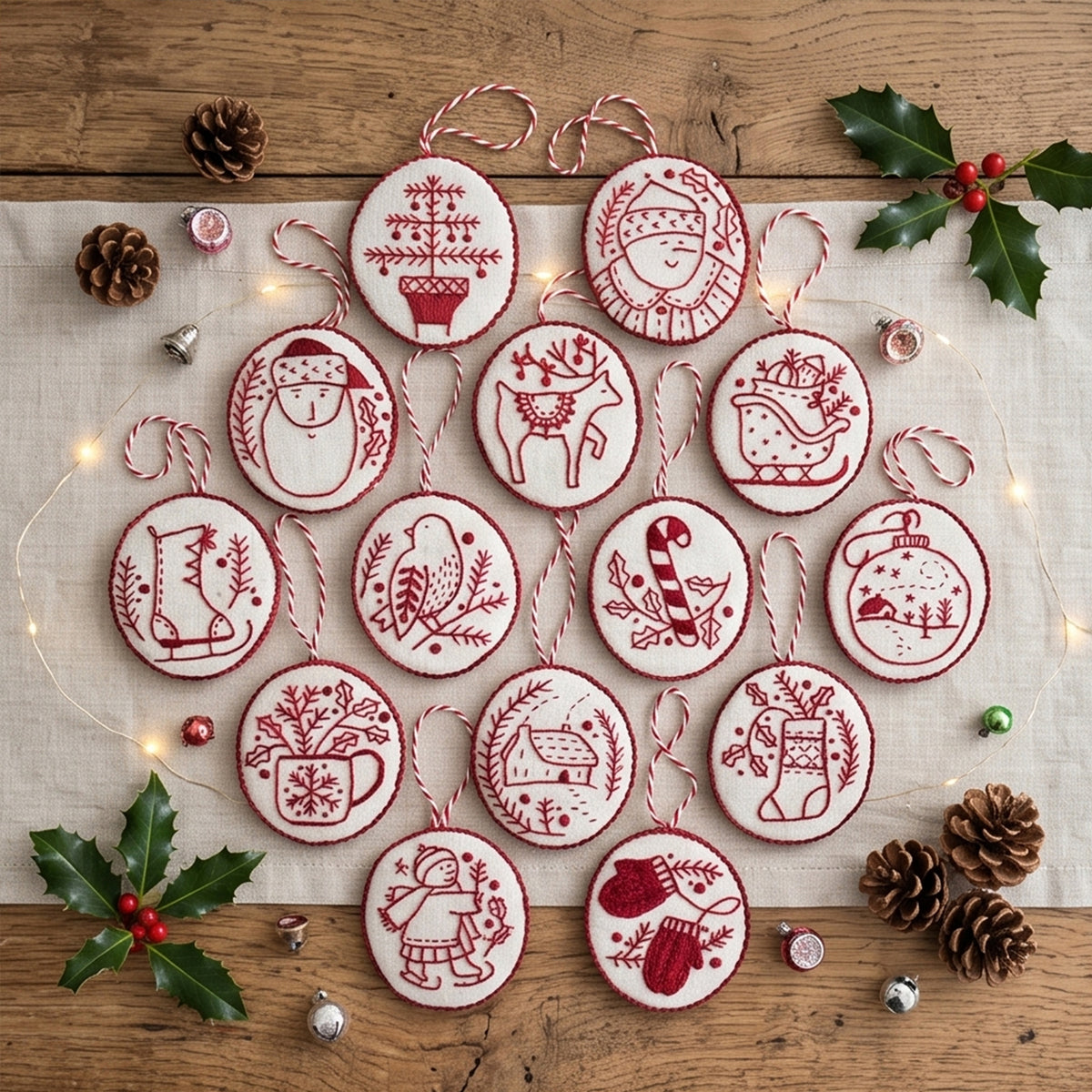 Christmas Embroidery Kit with Toolkit Embroidered Xmas Tree Ornaments Multifunctional Handmade Circle Embroidery Kit For Christmas Tree Home Decor (Red and White )