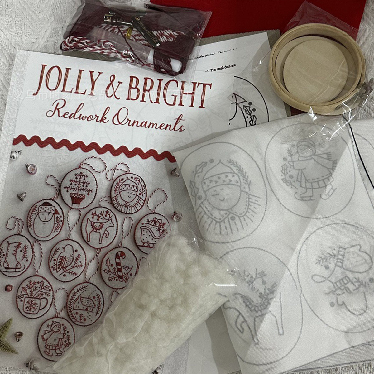 Christmas Embroidery Kit with Toolkit Embroidered Xmas Tree Ornaments Multifunctional Handmade Circle Embroidery Kit For Christmas Tree Home Decor (Red and White )