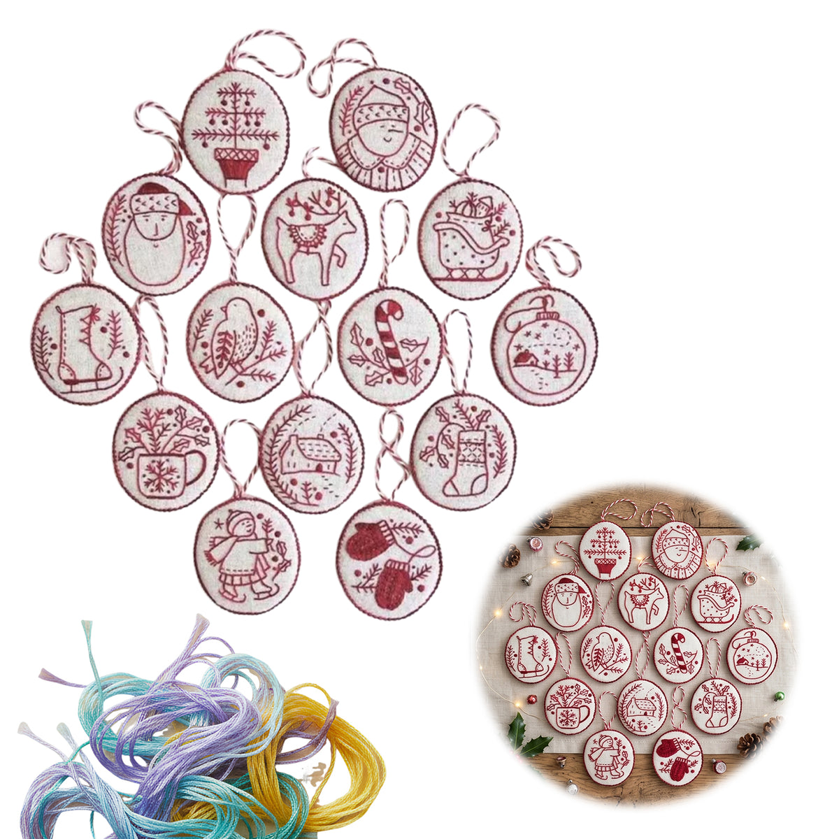 Christmas Embroidery Kit with Toolkit Embroidered Xmas Tree Ornaments Multifunctional Handmade Circle Embroidery Kit For Christmas Tree Home Decor (Red and White )