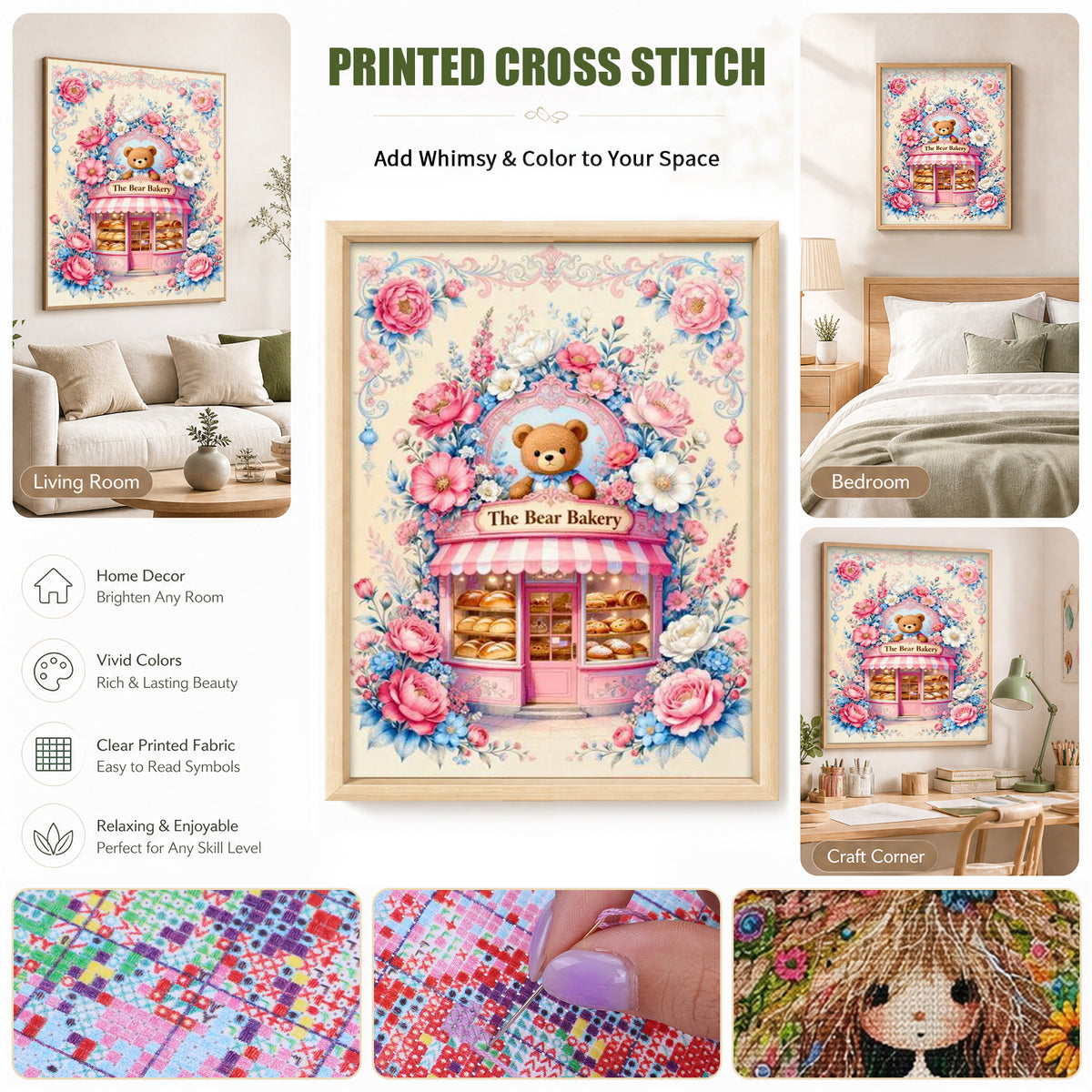 Pink Bear Bread - Full 11CT Stamped Cross Stitch 50x67CM - Mona Lisa