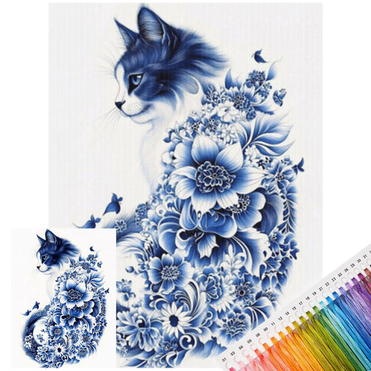 Serie: Katze aus blau-weißem Porzellan – Vollständiges 14CT-Stempel-Kreuzstichset 40x53 cm – Huacan