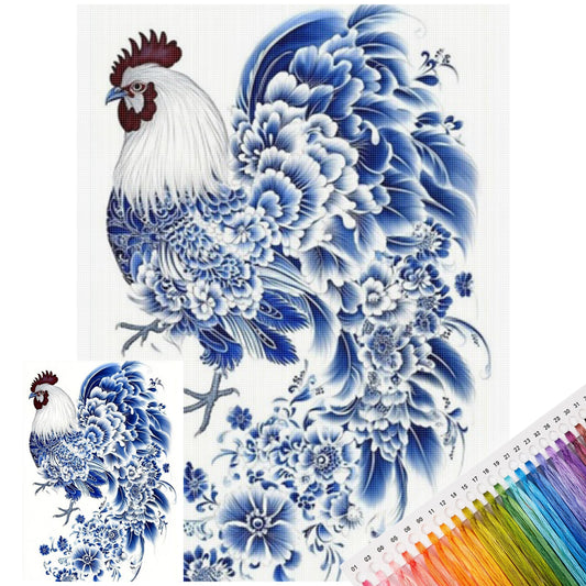 Blau-weißes Porzellan-Hahn-Serie - Vollständiges 14CT gestempeltes Kreuzstich-Set 40x53CM - Huacan