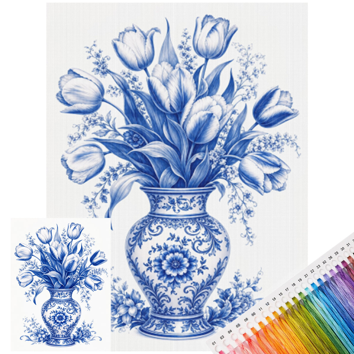 Serie Blau-weiße Porzellan-Tulpenvase - Vollständiges 14CT gestempeltes Kreuzstich-Set 40x53CM - Huacan