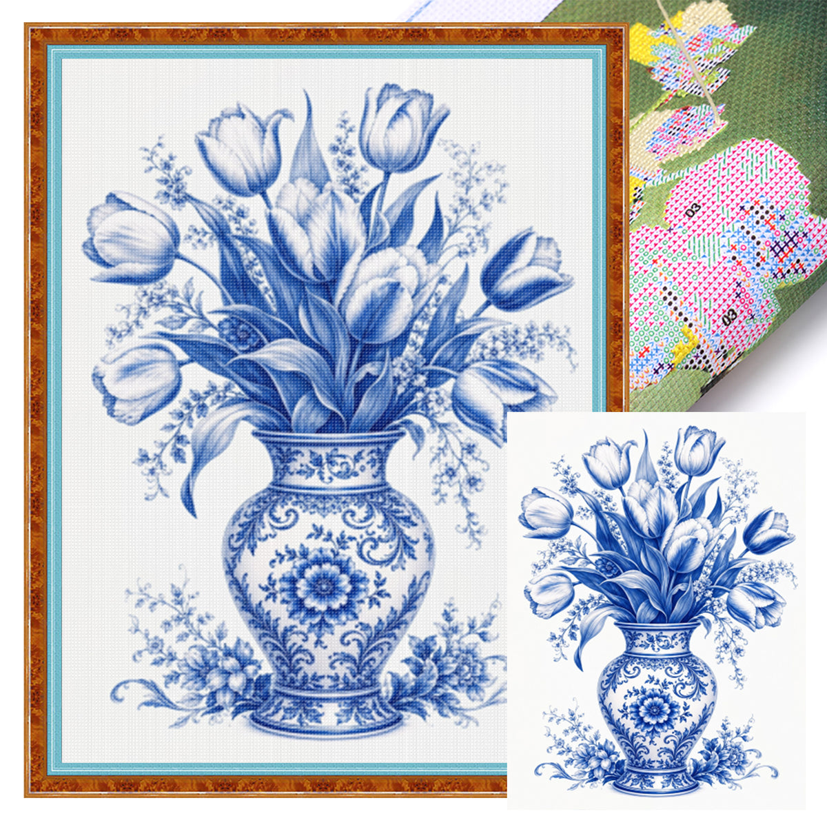 Serie Blau-weiße Porzellan-Tulpenvase - Vollständiges 14CT gestempeltes Kreuzstich-Set 40x53CM - Huacan