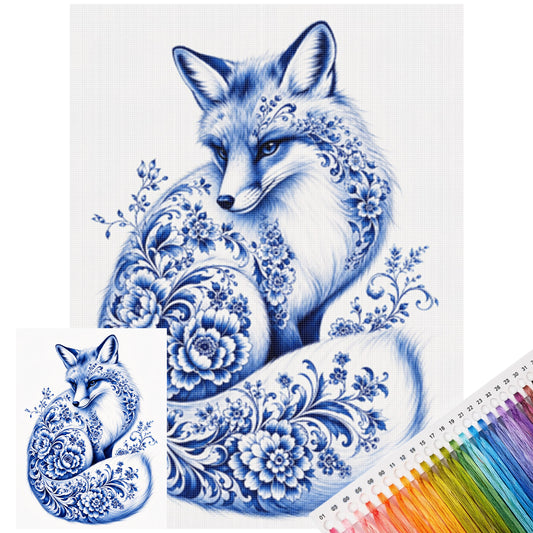 Blau-Weißes Porzellan Fuchs-Serie - Vollständiges 14CT gestempeltes Kreuzstich-Set 40x53CM - Huacan