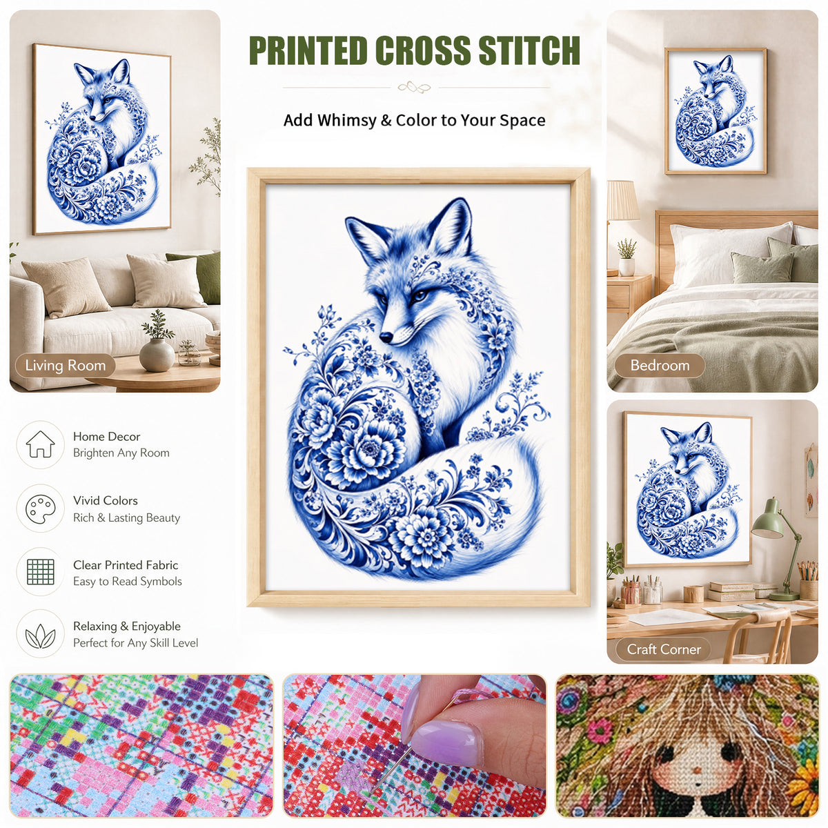 Blau-Weißes Porzellan Fuchs-Serie - Vollständiges 14CT gestempeltes Kreuzstich-Set 40x53CM - Huacan