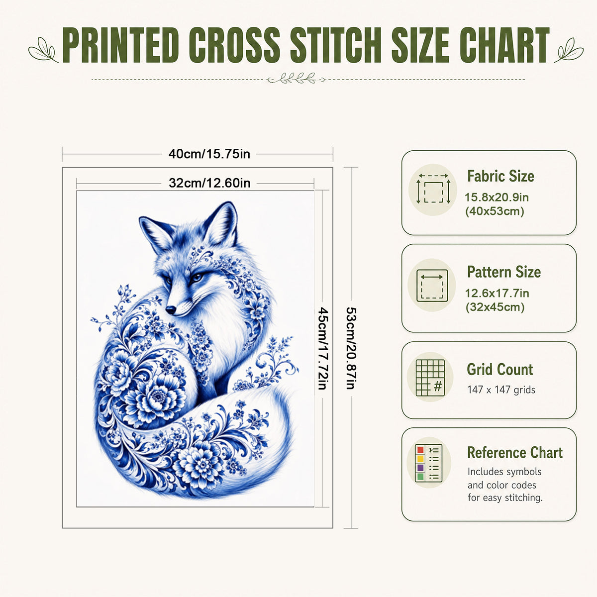 Blau-Weißes Porzellan Fuchs-Serie - Vollständiges 14CT gestempeltes Kreuzstich-Set 40x53CM - Huacan