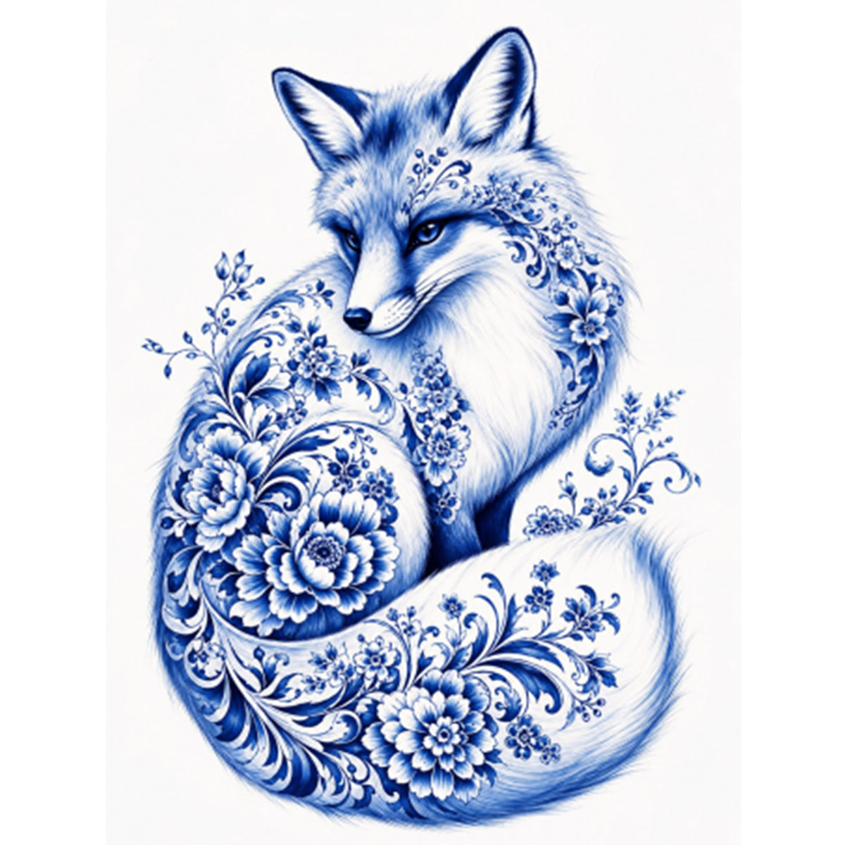 Blau-Weißes Porzellan Fuchs-Serie - Vollständiges 14CT gestempeltes Kreuzstich-Set 40x53CM - Huacan