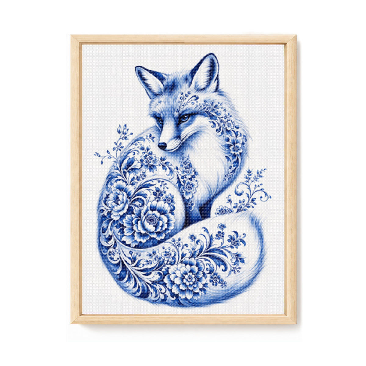 Blau-Weißes Porzellan Fuchs-Serie - Vollständiges 14CT gestempeltes Kreuzstich-Set 40x53CM - Huacan