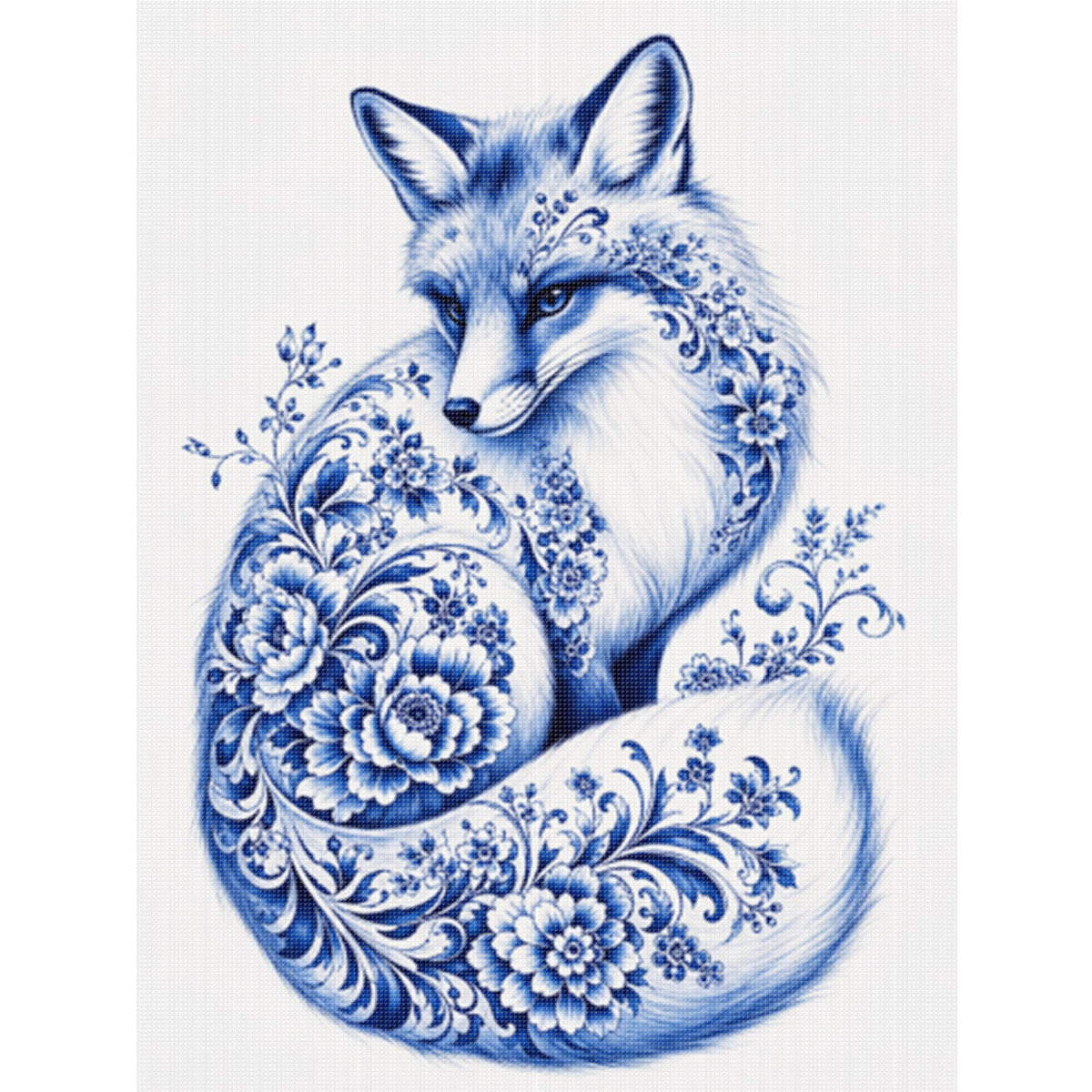 Blau-Weißes Porzellan Fuchs-Serie - Vollständiges 14CT gestempeltes Kreuzstich-Set 40x53CM - Huacan