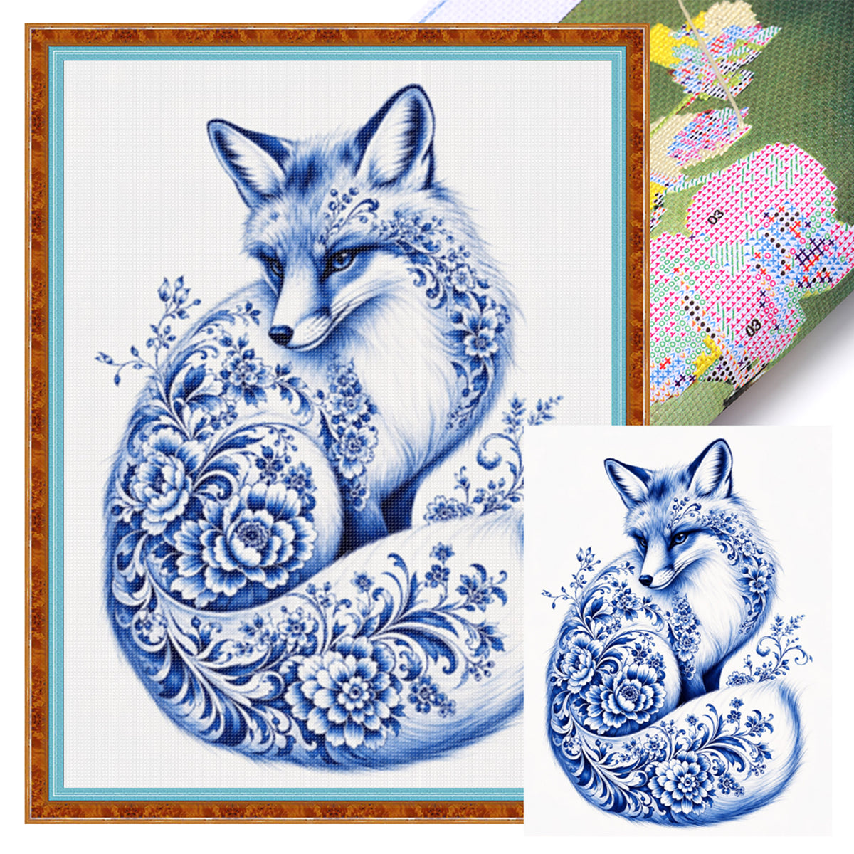 Blau-Weißes Porzellan Fuchs-Serie - Vollständiges 14CT gestempeltes Kreuzstich-Set 40x53CM - Huacan