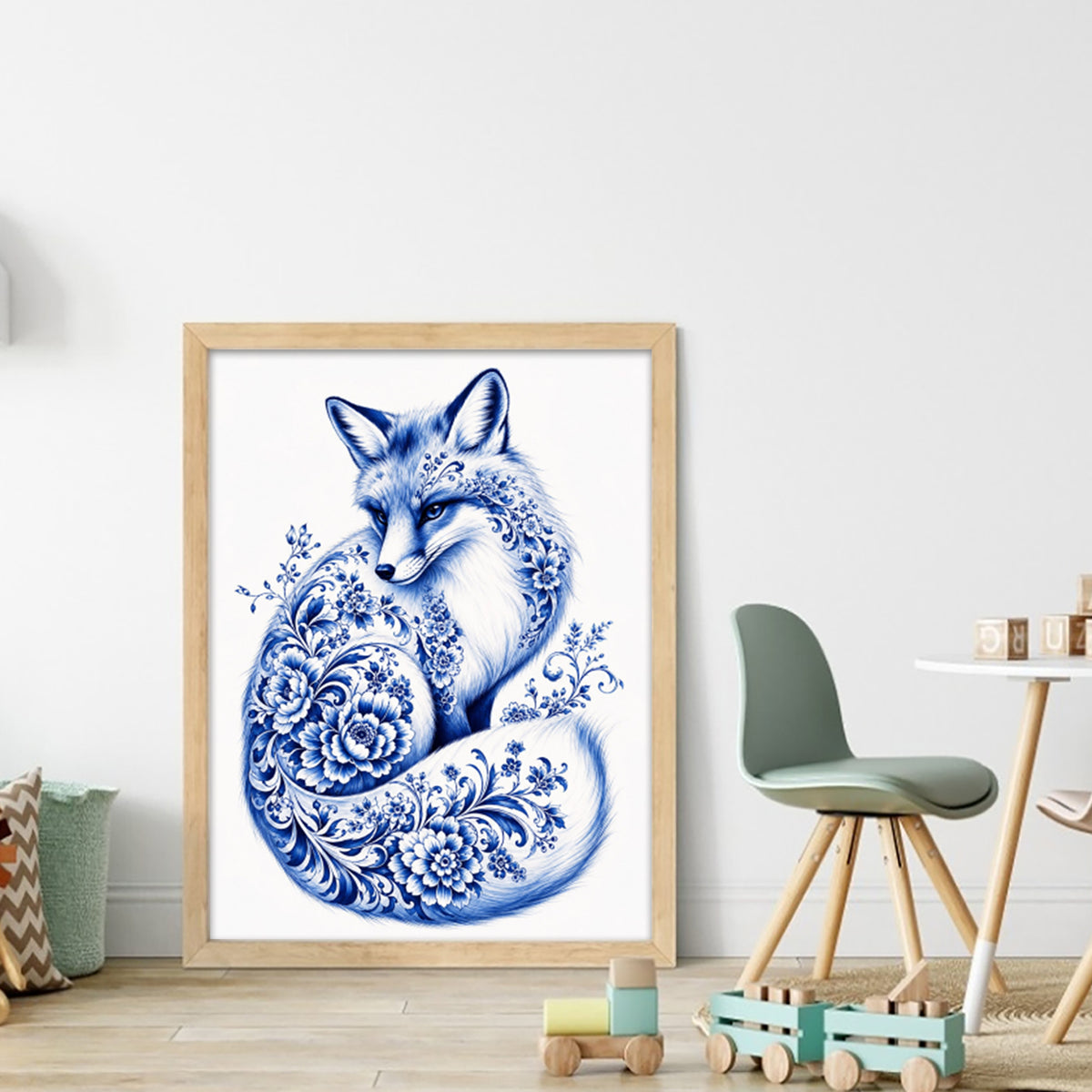 Blau-Weißes Porzellan Fuchs-Serie - Vollständiges 14CT gestempeltes Kreuzstich-Set 40x53CM - Huacan