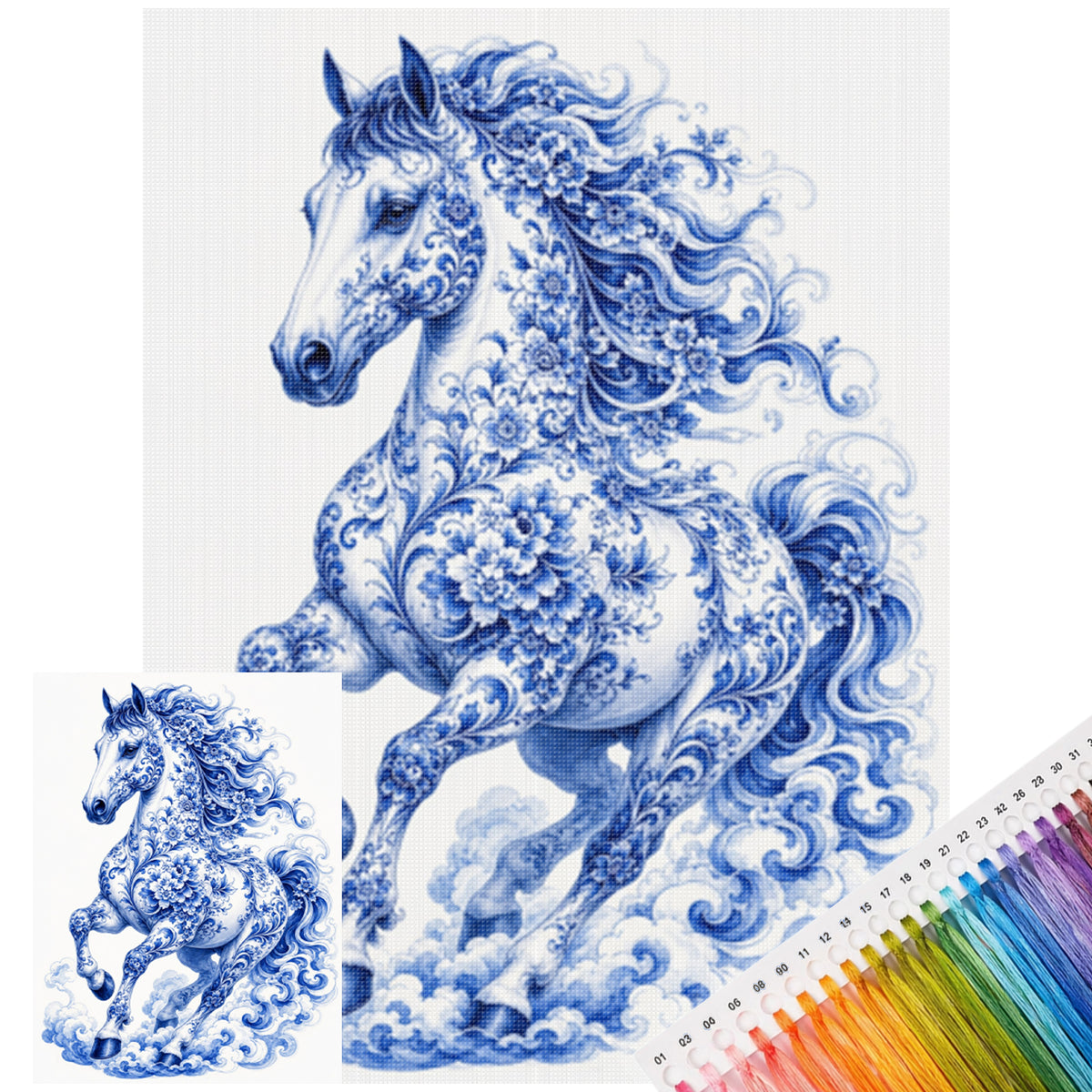 Serie „Pferd aus blau-weißem Porzellan“ – Vollständiges 14CT gestempeltes Kreuzstich-Set 40x53 cm – Huacan