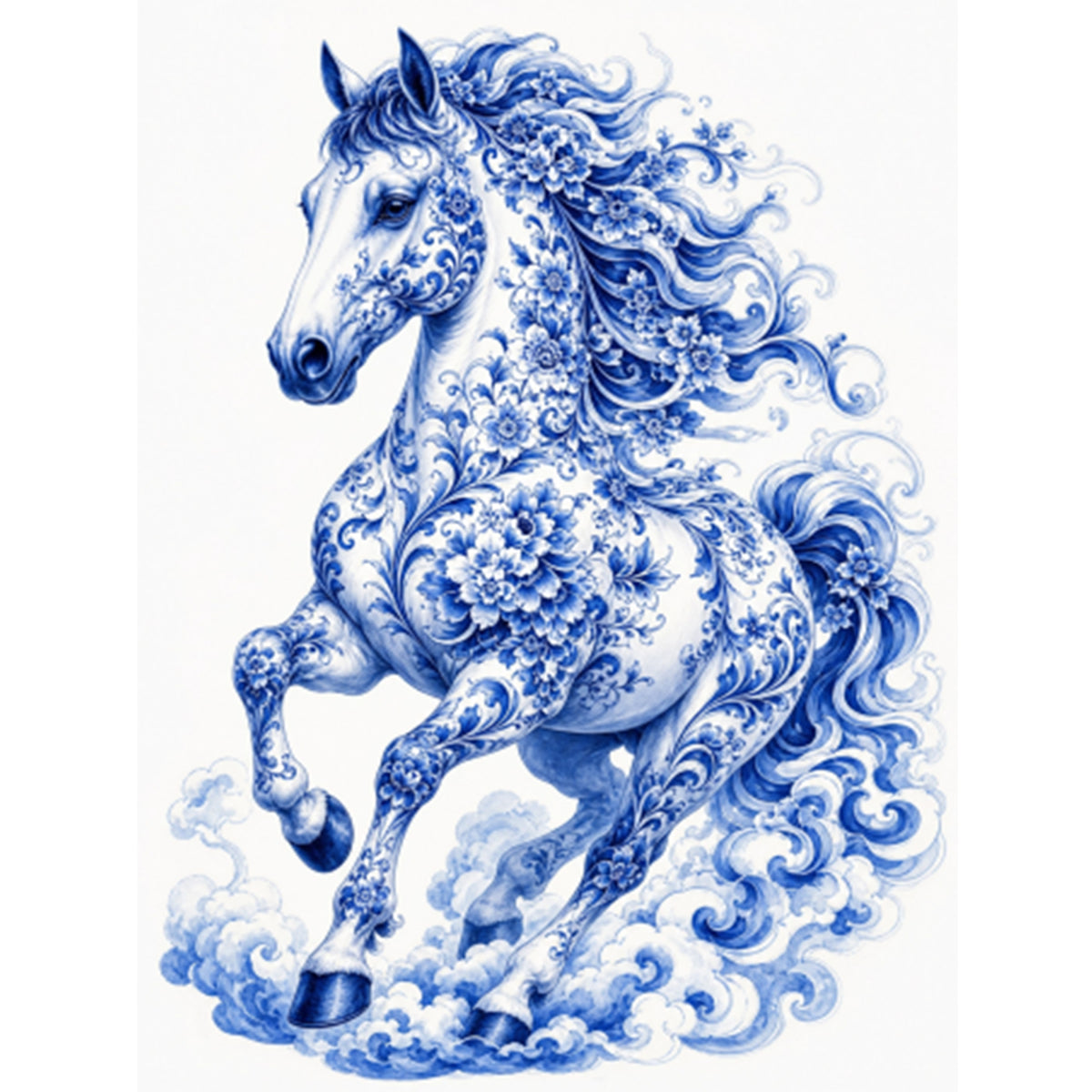 Serie „Pferd aus blau-weißem Porzellan“ – Vollständiges 14CT gestempeltes Kreuzstich-Set 40x53 cm – Huacan