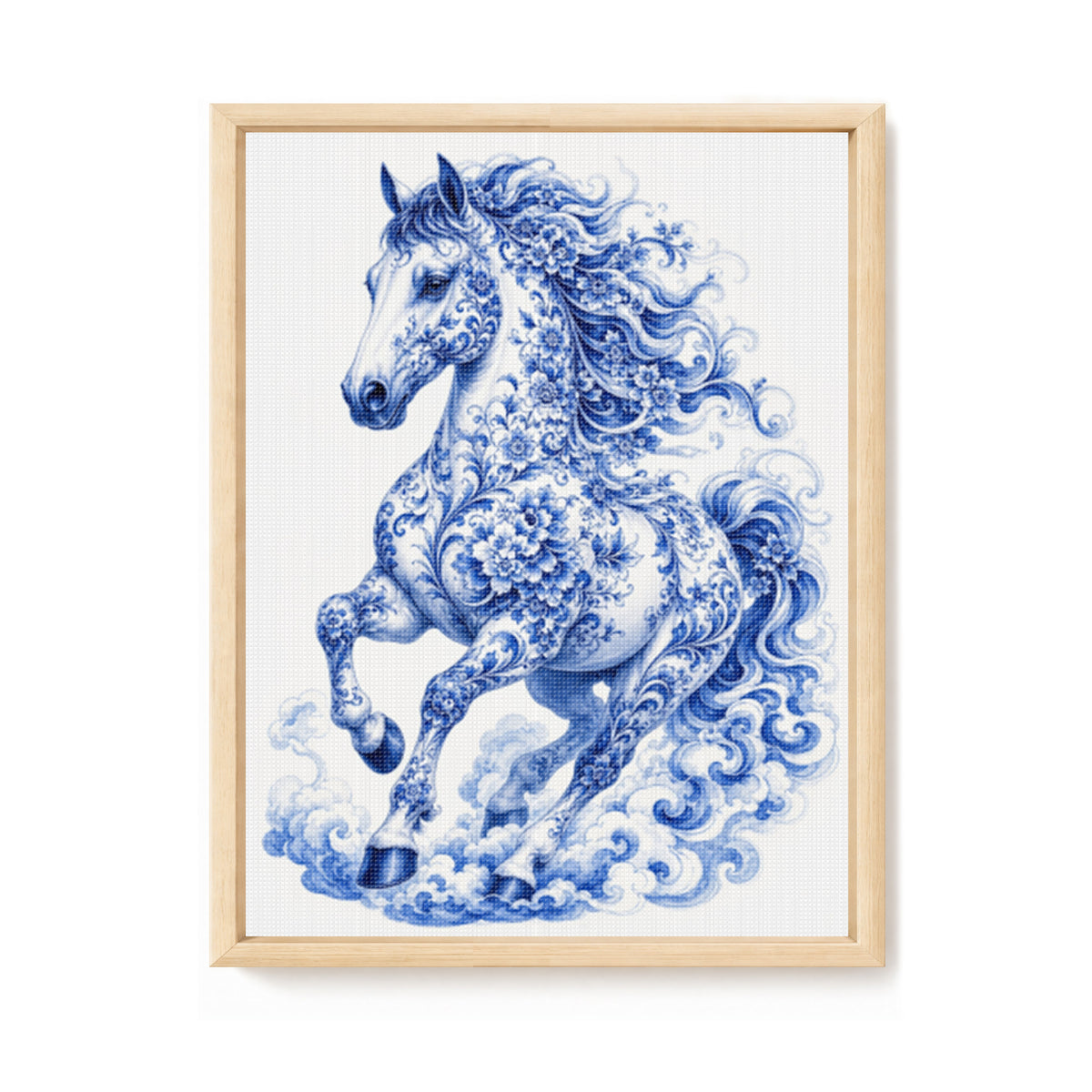 Serie „Pferd aus blau-weißem Porzellan“ – Vollständiges 14CT gestempeltes Kreuzstich-Set 40x53 cm – Huacan