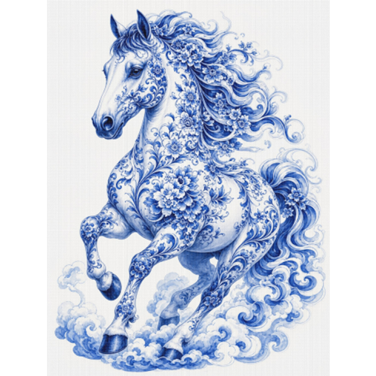 Serie „Pferd aus blau-weißem Porzellan“ – Vollständiges 14CT gestempeltes Kreuzstich-Set 40x53 cm – Huacan