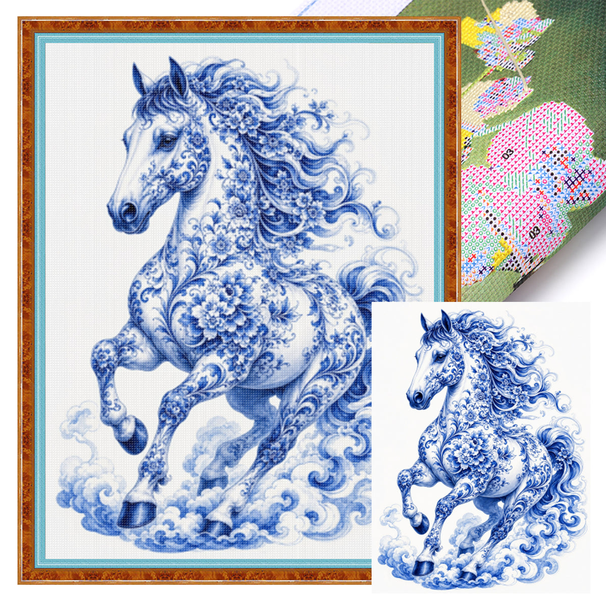 Serie „Pferd aus blau-weißem Porzellan“ – Vollständiges 14CT gestempeltes Kreuzstich-Set 40x53 cm – Huacan
